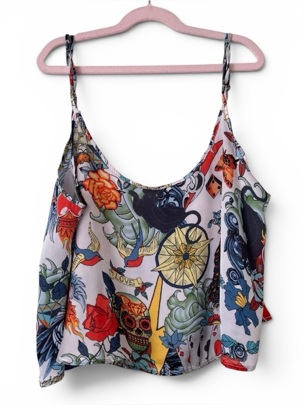 Women’s Tattoo Flash Print Cami Crop Top Size S/M Boho Alternative Festival Y2K